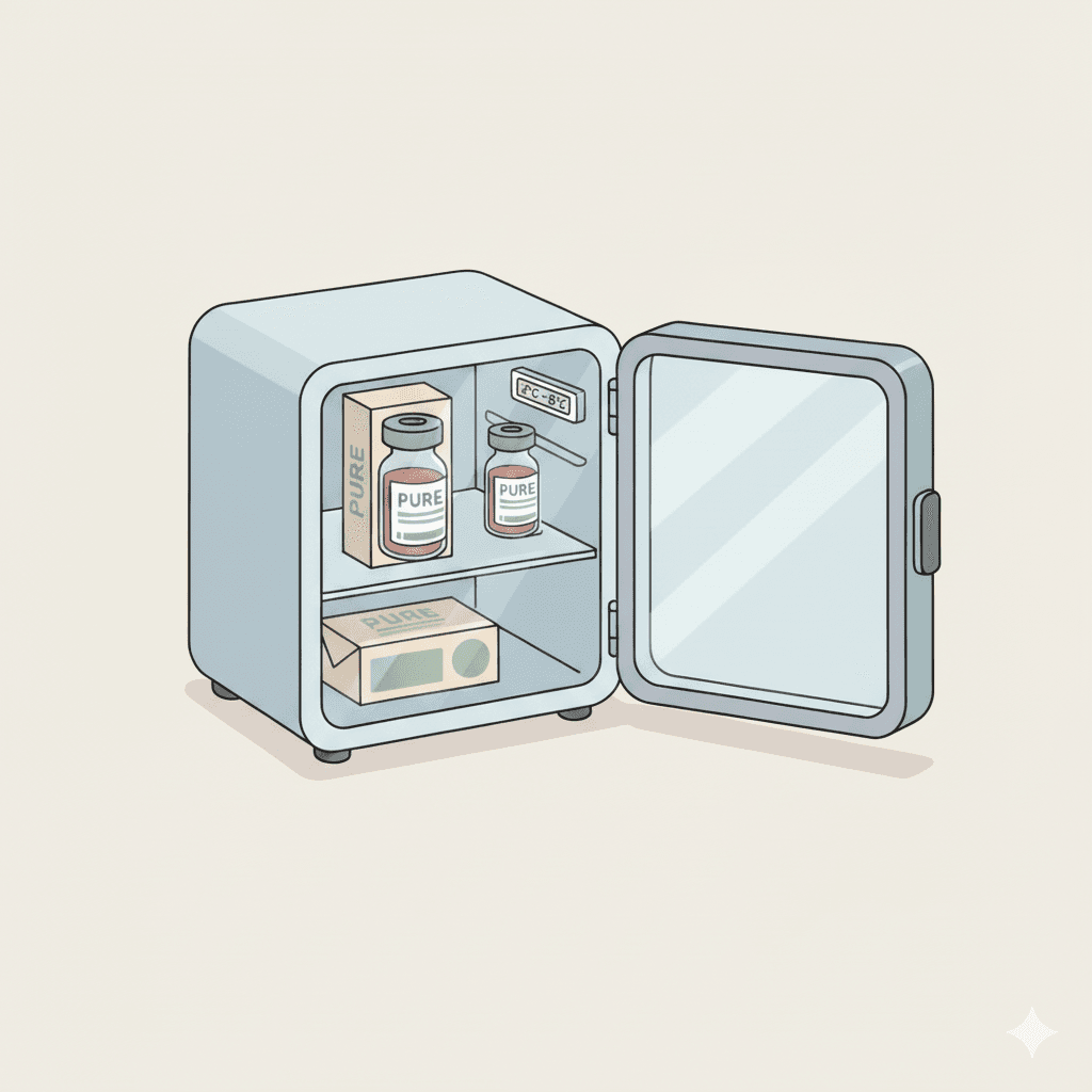 Geladeira pequena com medicamentos dentro